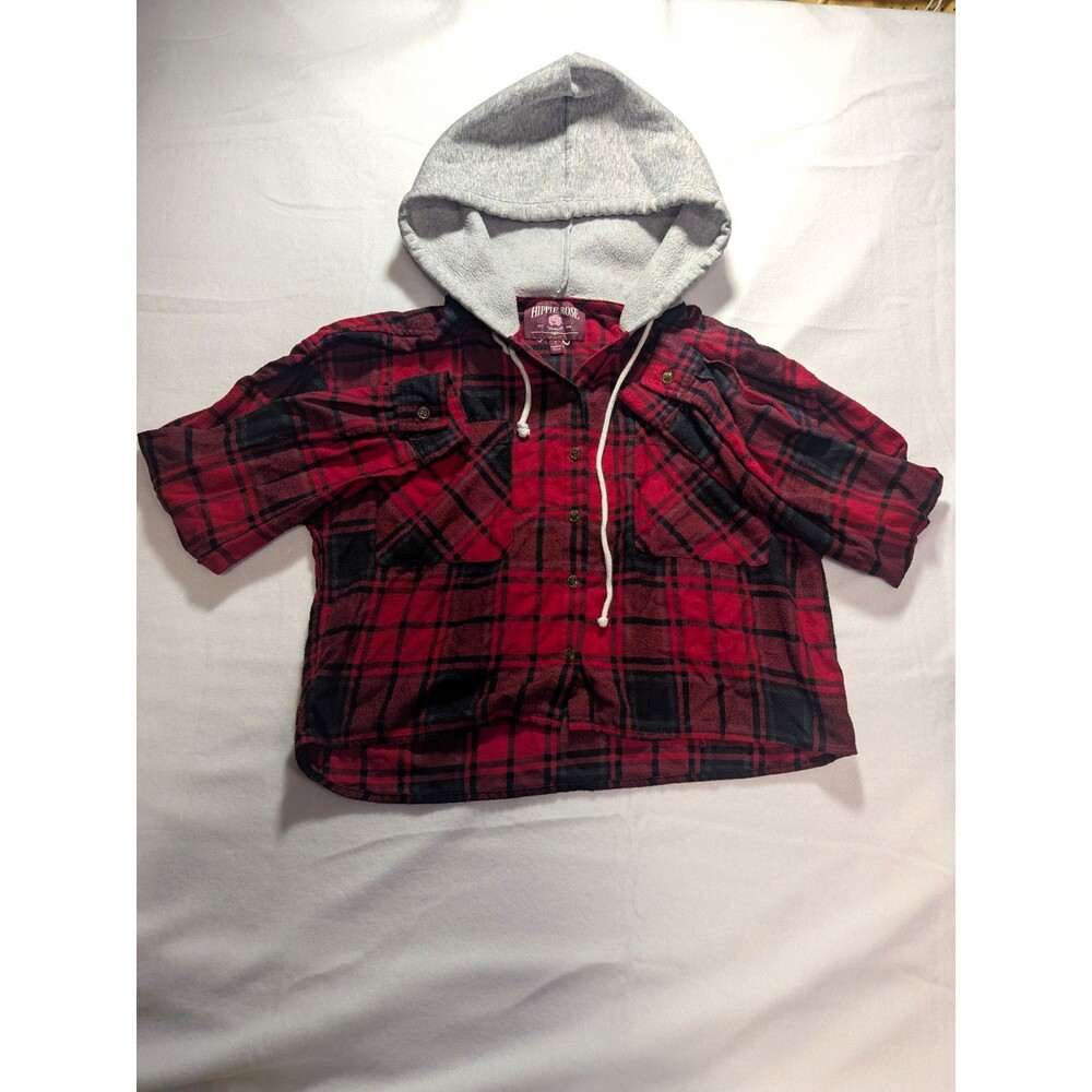 Hippie Rose Men's Hooded Plaid Flannel Shirt Jacket Shacket Red/Black Size S